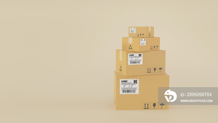 3D render of pile of stacked realistic cardboard brown delivery boxes mockup on brown background. delivery cargo box with fragile care sign symbol, handling with care. Parcel packaging template.