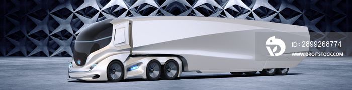 3D rendering of a brand-less generic concept truck. Electric autonomous truck in outside environment