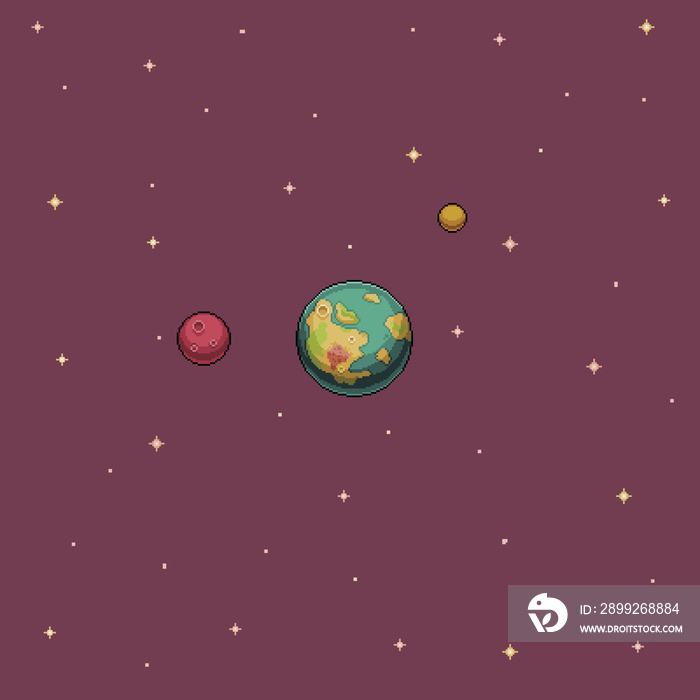 Pixel art wallpaper planet and stars in space. 8bit game