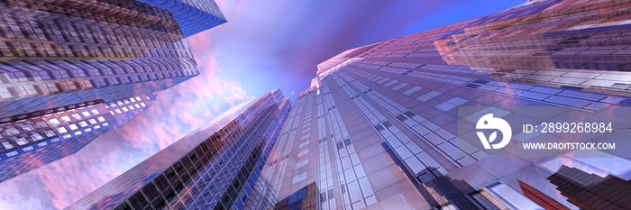 Skyscrapers against the sky, bottom view, modern high-rise buildings, 3D rendering