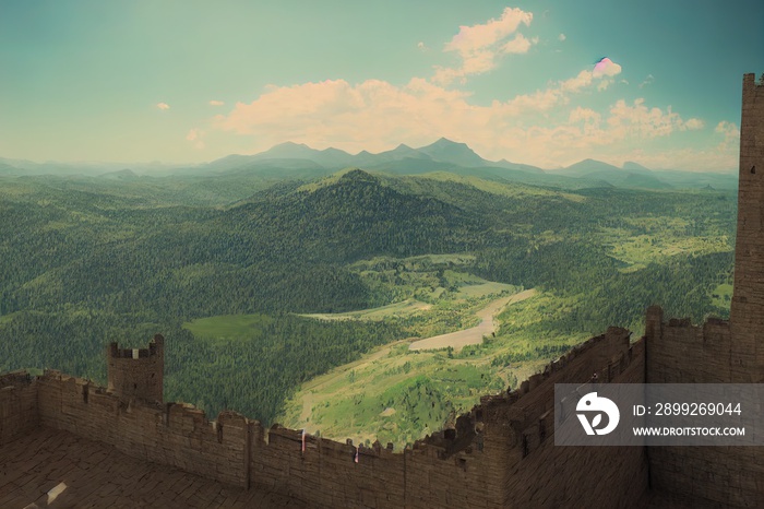 View from a balcony of a castle at the top of the mountain in a beautiful day. 3D rendering