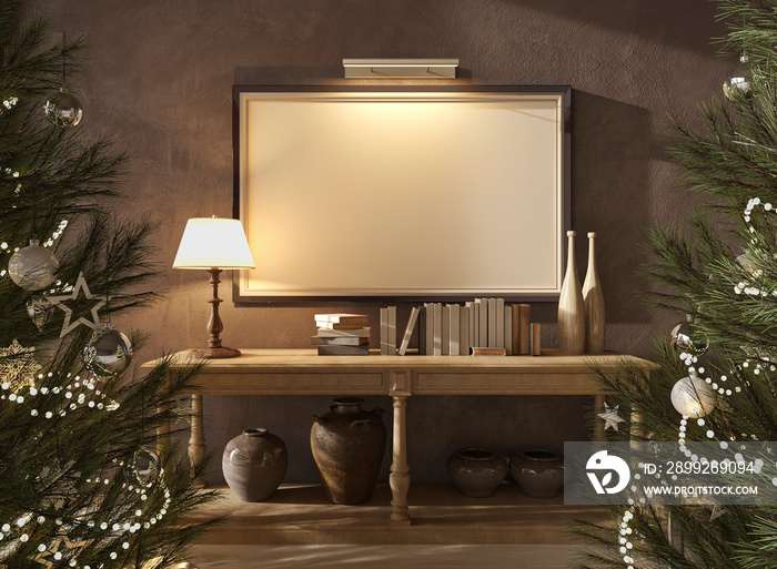 Christmas tree with toys and gifts decorate modern interior scandinavian farmhouse style. Night lighting room. Mockup frame. 3d render illustration.