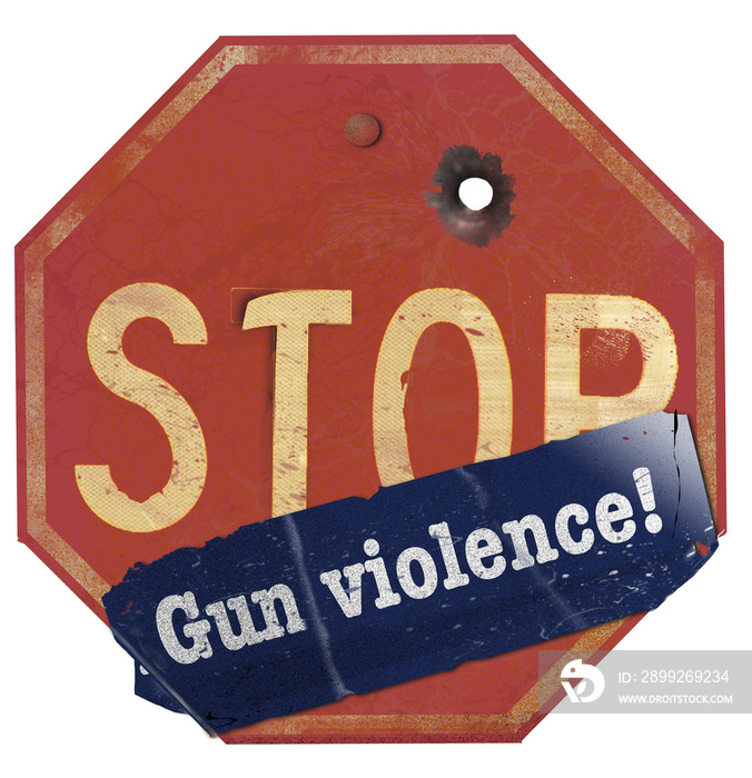 An old stop sign with a bullet hole has a bumper sticker that reads: “Gun violence” to make the message: Stop gun violence..It is an illustration.