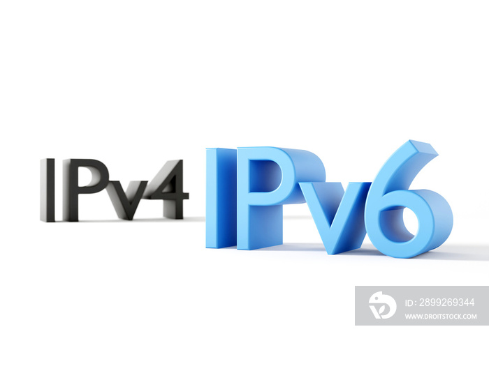 IP address type symbols IPv4 and IPv6 - Internet Protocol version 6 and old version 4 3D render with focus depth of field