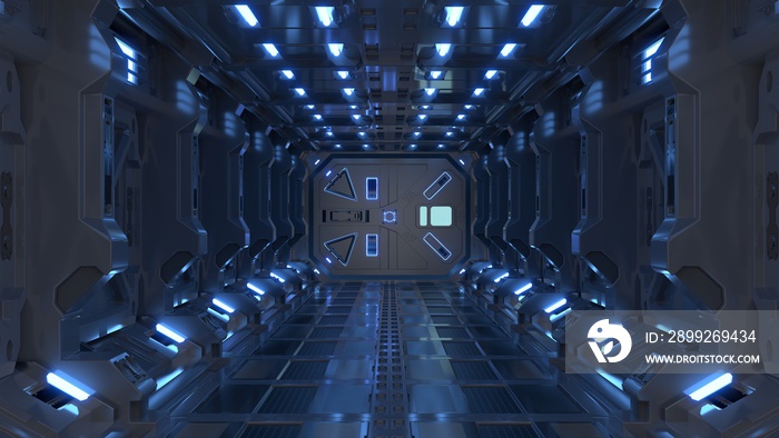 Science background fiction interior rendering sci-fi spaceship corridors blue light.