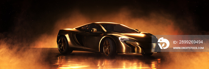 Gold sports car, studio setup on a golden background. 3d rendering