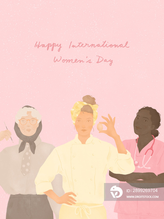 A group of three diverse women by occupation age and race celebrating International Women’s Day