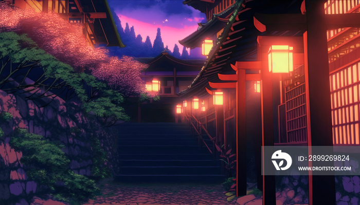 landscape traditional japanese temple and houses anime background wallpaper