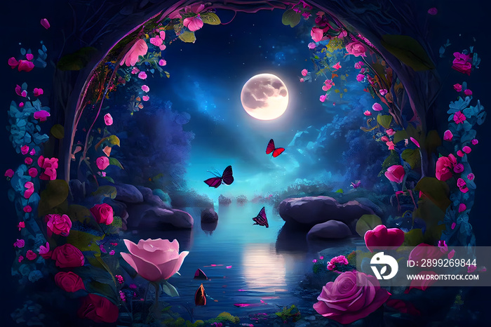 Fantasy magical enchanted fabulous fairy tale landscape with forest lake blooming pink rose flower garden, two butterflies on a mysterious blue background, and glowing moon rays in the night