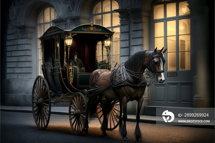 a beautiful horse in front of a retro carriage