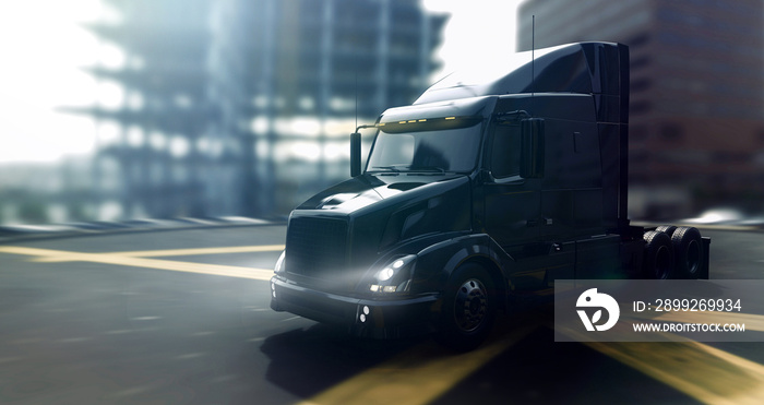 Modern black semi truck on construction site in the background (3D illustration)