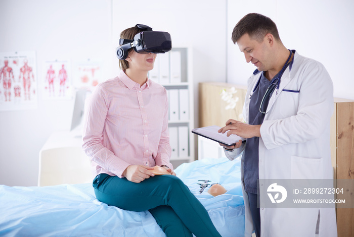 Patient woman with VR glasses in telemedicine concept