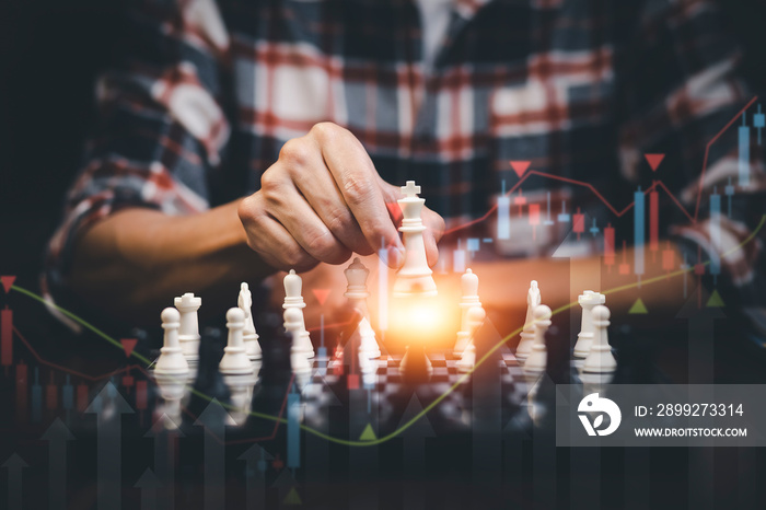 Planning and Decision concept, Businessman with strategy competitive ideas concept with chess board game. Business competition, Fighting and confronting problems, threats from surrounding problems.