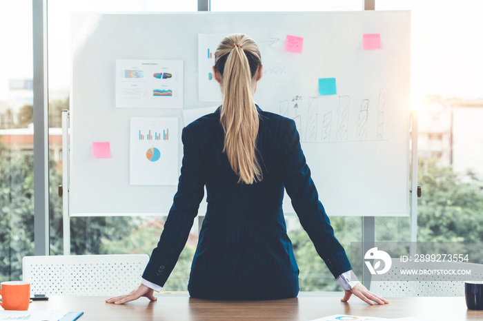 Businesswoman leader planning project on the board in office.