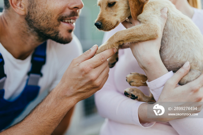 Young worker helping a woman to adopt beautiful dog.