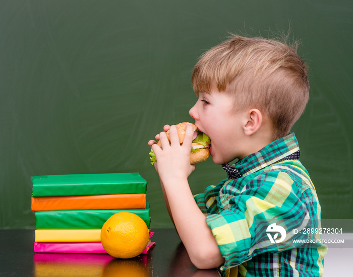 Young schoolboy eating hamburger