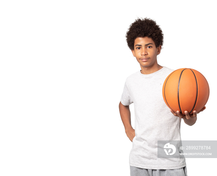 teenage boy with basketball ball with afro hair on white background isolated