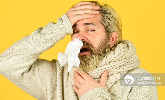 Immune response. Health care and medicines. Suffer pain. Fever and thermal regulation of immunity. More than just symptom of illness. Bearded man sick. Cold flu. First symptom. Headache virus symptom