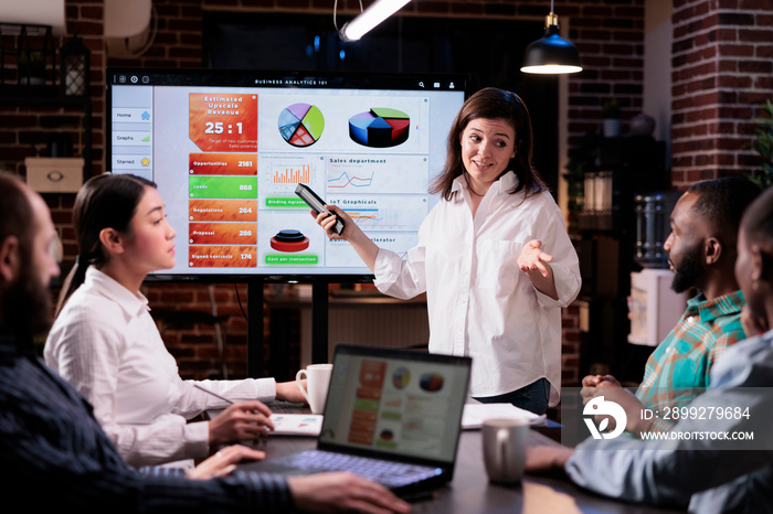 Smiling caucasian woman in startup office looking at team sitting at desk explaining marketing strategy in late night meeting. Confident employee presenting sales statistics on tv screen.