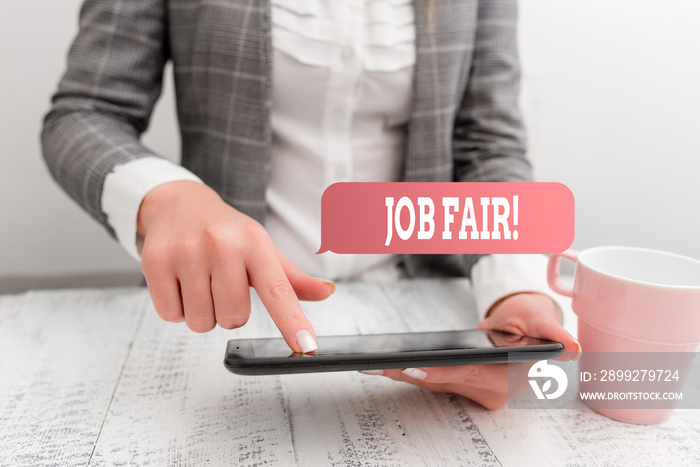 Handwriting text writing Job Fair. Conceptual photo event where employers offer information about their companies Business concept with mobile phone in the hand