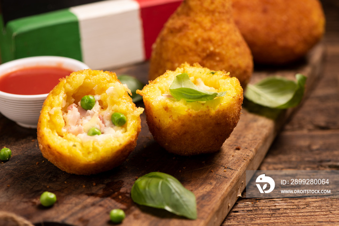 Delicious rice balls made with fried rice. typical dish of sicilian italian cuisine .