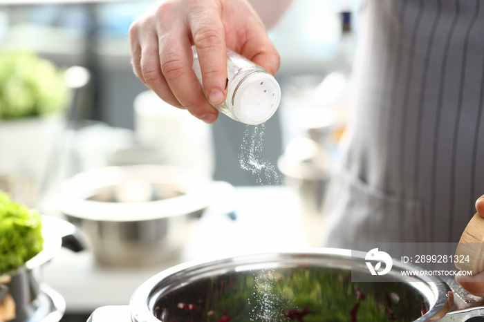 Male Hands Adding Vegetable Salad White Salt. Chef in Apron Putting Spice to Dish. Preparing Organic Fresh Food. Dieting Cuisine at Home Kitchen. Healthy Culinary Recipe Horizontal Photography