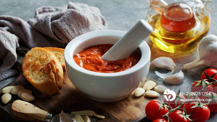 Romesco sauce, typical from Catalonia, Spain. Prepared with nora peppers, almonds, hazelnuts, garlic and tomato.