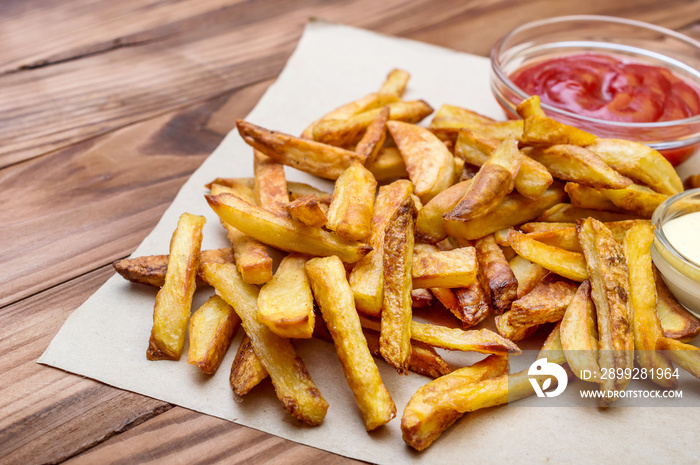 Heap of fried potato with with sauces on the table.