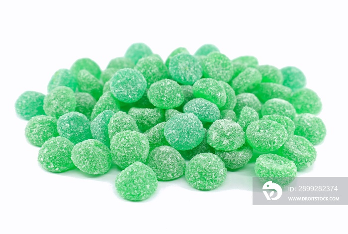 Heap of soft gummy menthol candy on white background.