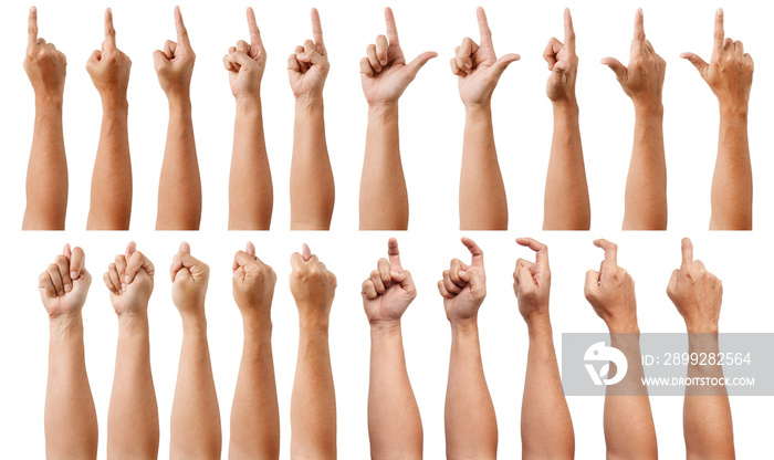 Group of Male Asian hand gestures isolated over the white background. Pointing Visual Touch Action.