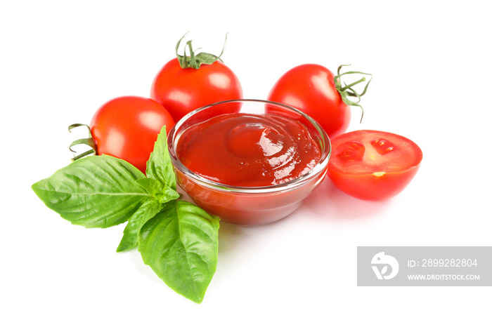 Fresh cherry tomatoes with basil and souce isolated on white background. Ripe vegetables