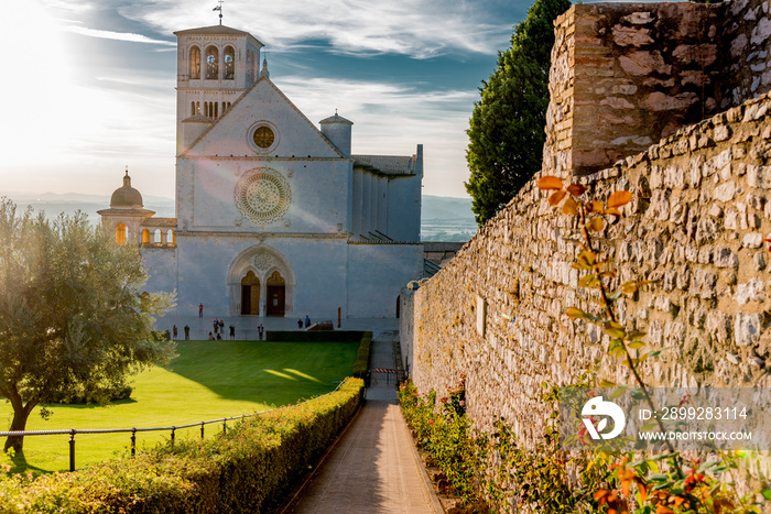 Panorama of Assisi, home of St. Francis, in the umbria region of Italy famous for the pilgrimage cathedral of the popes of all ages