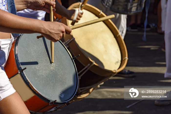 Drums being played during samba performance at Rio de Janeiro carnival