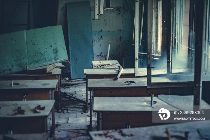 Abandoned radioactive classroom in school in Pripyat in the Chernobyl Exclusion Zone