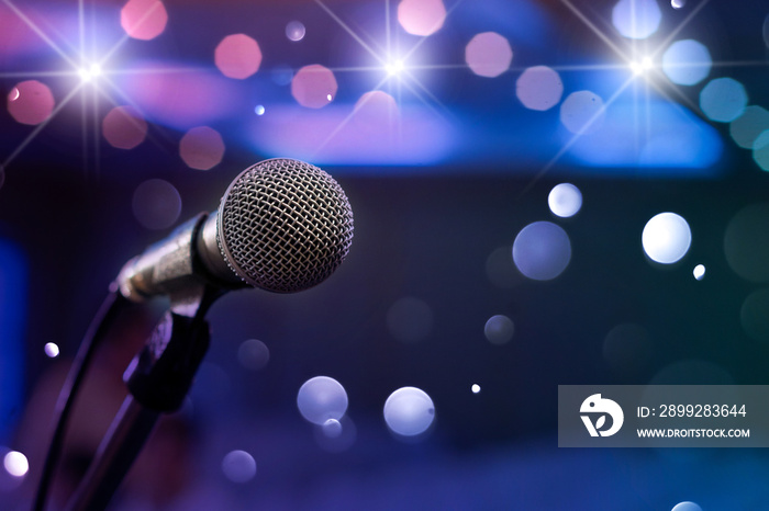 communication microphone on stage against a background of auditorium Concert stage