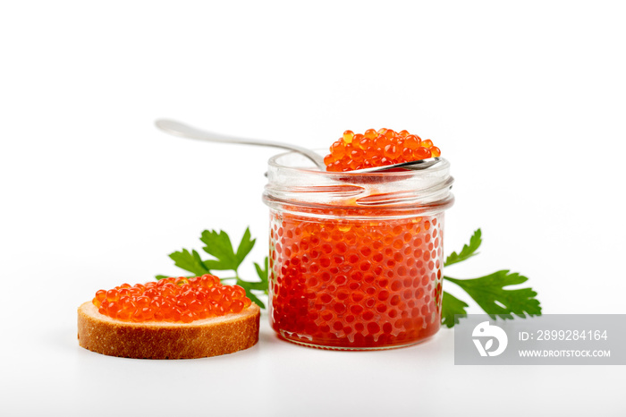 red caviar jar and snack isolated on white background