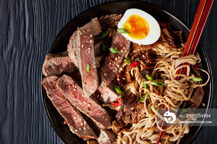 black bowl of Soba noodles with sliced roast beef