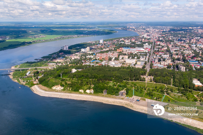 Panorama of city Tomsk and Tom River. Aerial top view