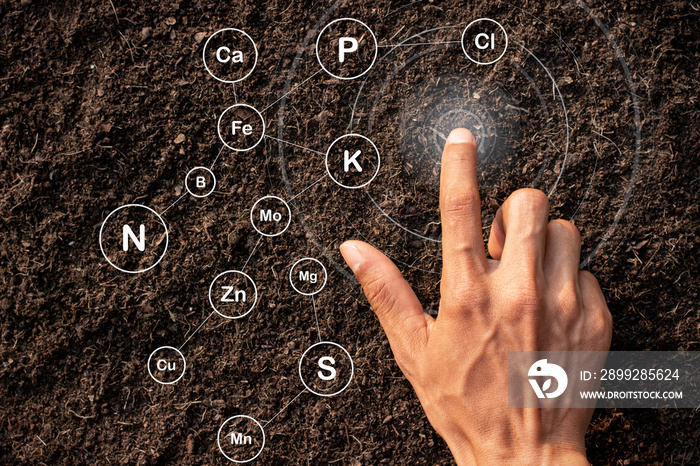 The hands of men are touching on the soil where abundance and technology are icons about the elements and nutrients in the soil around.