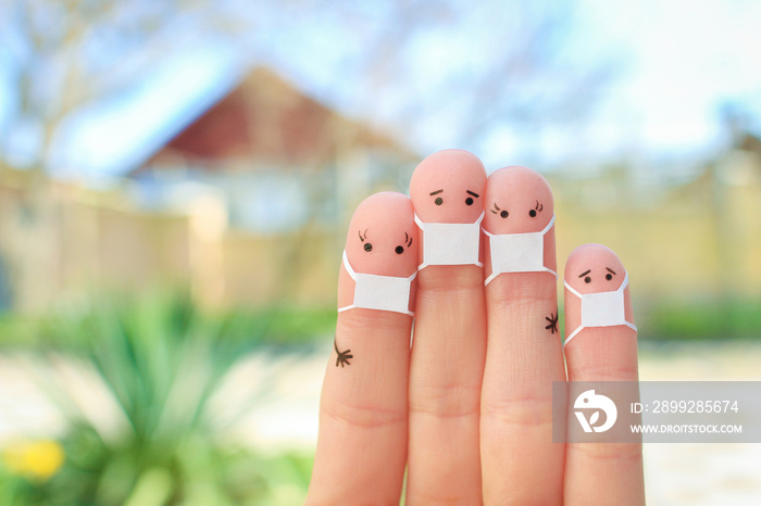 Fingers art of family with face mask.