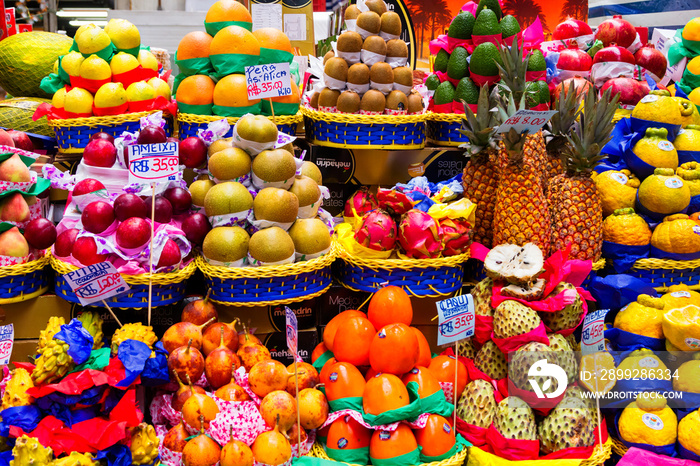 Colorful fresh fruit stand at the traditional Municipal Market (Mercado Municipal), the Mercadao, in Sao Paulo, Brazil.