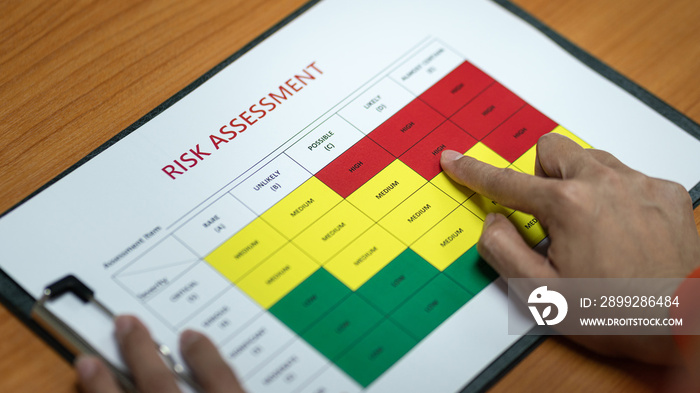 Action of a manager is identify the risk assessment matrix at  High  level. Business and industrial working scene photo.