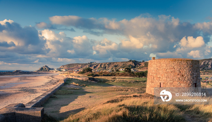 British Lewis Tower with german defence in the background, Saint Quen, bailiwick of Jersey, Channel Islands