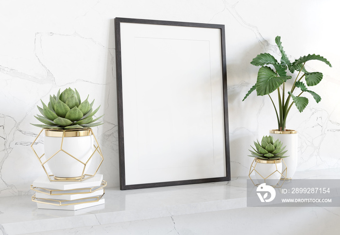 Black frame leaning on white shelve in bright interior with plants and decorations mockup 3D rendering