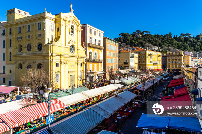 View of Cours Saleya, the famous flea market of the city and popular tourist in Nice, France