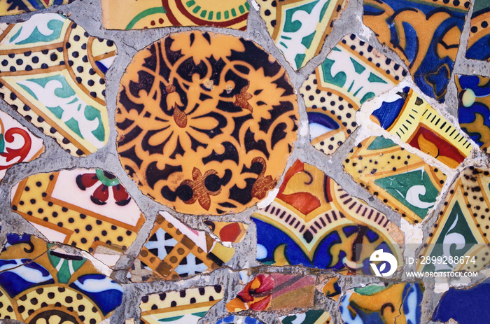 Broken tiles mosaic at park Guell, Barcelona