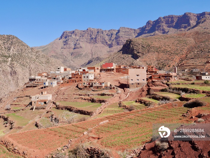 Panoramic view of traditional Berber village Tizi N’oucheg in Ourika Valley, High Atlas Mountains, Morocco.