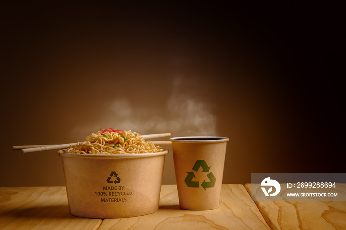 Recycled Packaging Concept. Recycled Bow with Hot Boiled Instant Noodles and Cup of Coffee on the Table. Zero Waste Materials. Environment Care, Reuse, Renewable for Sustainable Lifestyle