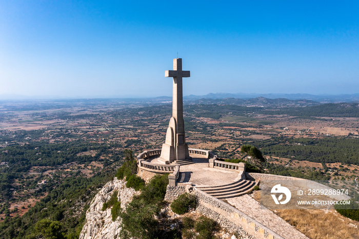 Aerial view of Santuari de Sant Salvador monastery, Puig de Sant Salvador, near Felanitx, Migjorn region, aerial view, Mallorca, Balearic Islands, Spain