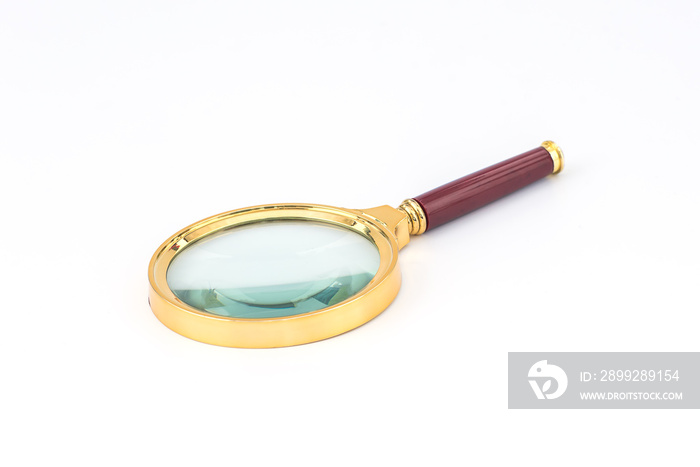 Maroon handle and golden rim Magnifying glass on a white background